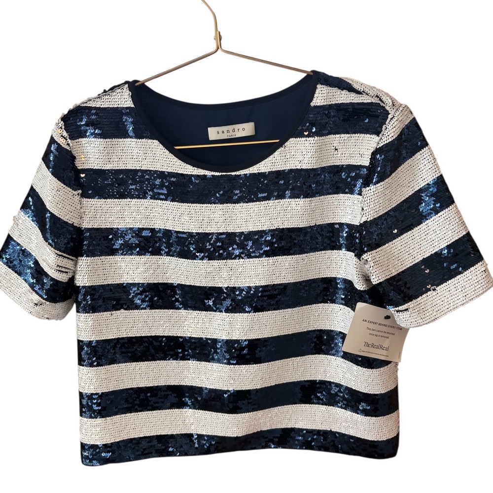 Sandro‎ Paris Sequin Striped Crop Top Short Sleeve Party Sparkle Size Small